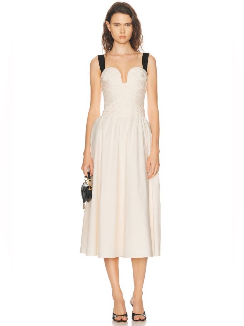 LPA Leisl 100% Cotton Black Shoulder Straps Cream Ruched Midi Dress